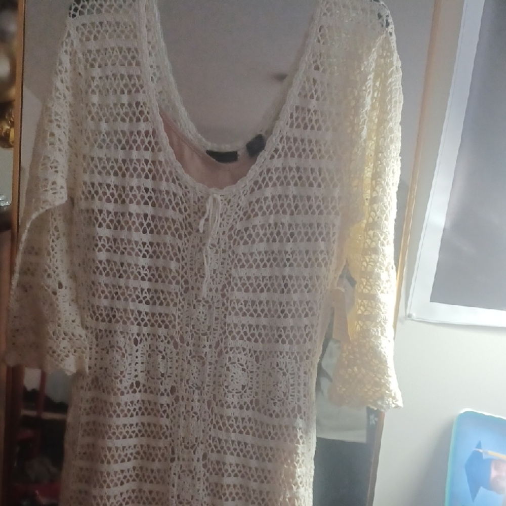 Moda International Crochet Overlay Tank in Soft Pink and Cream